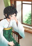  ahoge bangs black_hair braid chair commentary_request crown_braid green_eyes green_hakama hair_braid hakama hand_on_own_face highres japanese_clothes kantai_collection kimono looking_to_the_side matsukaze_(kantai_collection) meiji_schoolgirl_uniform namiki_kojiro short_hair sitting solo swept_bangs wavy_hair white_kimono window 