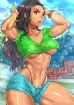  1girl black_hair breasts brown_eyes curvy large_breasts laura_matsuda long_hair muscle navel open_mouth smile solo stomach street_fighter thick_thighs thighs underboob 