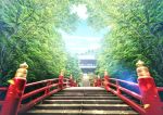  architecture blue_sky bridge cloud commentary_request day east_asian_architecture falling_leaves grass highres huge_filesize lamppost leaf lens_flare mahiro_(mahiroht) nature no_humans original outdoors railing rock scenery shrine sky stairs sunlight tree 