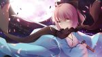  ahoge black_bow black_scarf blonde_hair bow breasts cherry_blossoms cleavage eyebrows_visible_through_hair fate/grand_order fate_(series) hair_between_eyes hair_bow haori highres holding holding_sword holding_weapon japanese_clothes katana kimono looking_at_viewer medium_breasts moon okita_souji_(fate) okita_souji_(fate)_(all) poinia ponytail scarf short_hair solo sword upper_body weapon white_kimono yellow_eyes 