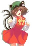  :d animal_ear_fluff animal_ears bow bowtie brown_hair cat_ears cat_tail chen commentary cowboy_shot dress fang gold green_hat hat highres jewelry long_sleeves looking_at_viewer mob_cap multiple_tails nekomata open_mouth paw_pose red_dress red_eyes shirt short_hair simple_background single_earring smile solo tail tonbo_(11023) touhou two_tails white_background white_shirt yellow_bow 