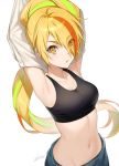  armpits arms_up blonde_hair breasts brown_eyes collarbone eyes_visible_through_hair green_hair hair_over_one_eye highres looking_at_viewer medium_breasts midriff multicolored_hair navel nikaidou_saki orange_hair ponytail signature simple_background solo sports_bra tokki undressing white_background zombie_land_saga 