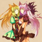  animal_ears ass atalanta_(alter)_(fate) atalanta_(fate) breasts brown_background cat_ears commentary_request cowboy_shot fate/grand_order fate_(series) gloves green_eyes green_hair holding_hands long_hair looking_at_viewer medium_breasts multiple_girls purple_hair shadow sideboob small_breasts x10-a yellow_eyes 