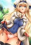  absurdres blonde_hair blue_eyes breasts cameltoe covered_navel cowboy_shot dress goblin_slayer! gold_trim hat highres huge_filesize impossible_clothes long_sleeves looking_at_viewer makurao medium_breasts naughty_face open_mouth panties priestess_(goblin_slayer!) side-tie_panties skirt skirt_lift smile sweatdrop textless thighhighs underwear 