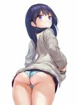  aqua_panties arched_back ass bangs black_skirt blue_eyes blue_hair commentary cowboy_shot eyebrows_visible_through_hair from_behind grey_jacket hands_in_pockets jacket long_hair long_sleeves looking_at_viewer looking_back miniskirt nyaa_(nyaanyaa) panties pleated_skirt shiny shiny_skin simple_background skirt solo ssss.gridman standing striped striped_panties symbol_commentary takarada_rikka thighs underwear vertical-striped_panties vertical_stripes white_background white_panties 