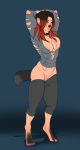  2018 anthro barefoot barely_visible_genitalia barely_visible_pussy black_ears black_fur blue_eyes breasts canine claws clothed clothing collar digitigrade facial_piercing female fur hair headphones human_to_anthro isindaj jacket jeans mammal multi_breast nose_piercing nose_ring panties pants piercing point_ears pussy red_hair redshift simple_background snout solo stretching torn_clothing transformation underwear were werewolf 