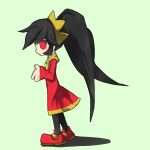  1girl aliasing ashley_(warioware) bangs black_hair black_legwear blush child dress female from_side full_body green_background hairband hands_together hands_up highres kan_(kam48360493) long_hair long_sleeves looking_at_viewer looking_to_the_side neckerchief nintendo open_mouth orange_hairband orange_neckwear pantyhose profile red_dress red_eyes red_footwear shoes simple_background skull solo standing tied_hair twintails warioware 
