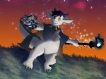  anthro cloak clothing dragon embers fire fur furred_dragon grass grey_fur heterochromia horn magic magic_user male persegan sky solo star yurel 