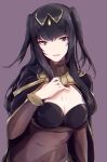  aiueo1234853 black_eyes black_hair bodysuit breasts cape cleavage commentary_request fire_emblem fire_emblem:_kakusei highres long_hair medium_breasts parted_lips simple_background solo tharja tiara two_side_up upper_body 