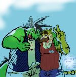  anothermeekone anthro clothed clothing dragon duo facial_hair feline humor laugh male mammal morenatsu musclegut muscular muscular_male mustache peace_symbol slightly_chubby tatsuki_(morenatsu) thumbs_up tiger torahiko_(morenatsu) 