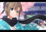  absurdres aki_no_suke_p black_bow black_scarf blurry blurry_background bow brown_hair cherry_blossoms cosplay day fate/grand_order fate_(series) green_eyes hair_between_eyes hair_bow haori highres idolmaster idolmaster_cinderella_girls japanese_clothes kimono okita_souji_(fate) okita_souji_(fate)_(all) okita_souji_(fate)_(cosplay) outdoors scarf short_hair smile solo tada_riina upper_body white_kimono 