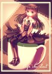  brown_dress brown_eyes brown_hair brown_legwear cafe_au_lait chiru_da cup dress food_themed_clothes hands_up high_heels highres long_hair looking_at_viewer mug original pantyhose personification puffy_sleeves sitting wide_sleeves 