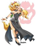  2018 5_fingers alternate_species animal_humanoid blonde_hair bowser bowsette_meme bracelet breasts clothed clothing collar crossgender dress fangs female footwear fully_clothed gabshiba hair horn humanoid humanoidized jewelry koopa mario_bros nintendo open_mouth scalie shoes simple_background solo spiked_anklet spiked_armlet spiked_bracelet spiked_collar spiked_shell spikes super_crown video_games white_background 
