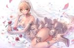  ass bare_shoulders blonde_hair blue_eyes bottle breasts bridal_gauntlets bridal_veil cat cleavage collarbone dress edith_(iron_saga) flower full_body high_heels highres iron_saga lying md5_mismatch medium_breasts on_side ozzingo perfume_bottle rose short_hair solo thigh_strap tiara veil water wedding_dress white_cat white_dress 