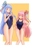  bakkasu150 blue_hair blue_ribbon commentary_request competition_swimsuit feet_out_of_frame hair_ribbon hands_on_hips hands_together highleg highleg_swimsuit highres kotonoha_akane kotonoha_aoi leaning_forward long_hair looking_at_viewer matching_outfit multiple_girls one-piece_swimsuit pink_hair red_eyes red_ribbon ribbon standing swimsuit thigh_gap very_long_hair voiceroid yellow_background 