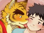  anthro duo face_lick feline human human_on_anthro interspecies male male/male mammal morenatsu shirako tiger tongue tongue_out torahiko_(morenatsu) 