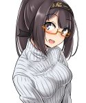  :d absurdres akizuki_(kantai_collection) alternate_costume bangs bespectacled black_hair blue_eyes blush breasts casual commentary eyebrows_visible_through_hair glasses glasses_day hachimaki hair_ornament hairband headband highres kantai_collection kiritto long_hair looking_at_viewer medium_breasts open_mouth orange-framed_eyewear ponytail ribbed_sweater semi-rimless_eyewear sidelocks simple_background smile solo sweater turtleneck turtleneck_sweater upper_body white_background 
