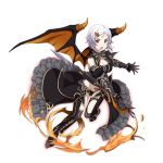  alternate_eye_color alternate_hair_color bangs black_bow black_cape black_gloves black_legwear black_shorts bow bowtie breasts cape cleavage elbow_gloves fire full_body gloves hair_ornament hairclip halloween_costume holding holding_sword holding_weapon leg_up lisbeth lisbeth_(sao-alo) looking_at_viewer medium_breasts midriff official_art open_mouth orange_eyes parted_bangs pointy_ears short_hair short_shorts shorts silver_hair solo stomach sword sword_art_online sword_art_online:_code_register waist_cape weapon wings 