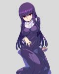  asagami_fujino breasts chan_co dress grey_background habit hand_on_own_stomach kara_no_kyoukai long_dress long_hair looking_at_viewer medium_breasts purple_hair red_eyes simple_background sitting solo 