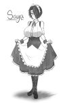  boots breasts character_name commentary cross-laced_footwear english_commentary frills full_body greyscale hair_over_one_eye huge_breasts knee_boots looking_at_viewer maid maid_headdress monochrome original saya_(twrlare) short_hair simple_background skirt_hold smile solo standing twrlare underbust wrist_cuffs 