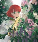  1girl blonde_hair capelet child fire_emblem fire_emblem:_rekka_no_ken flower garden green_eyes highres hime_cut kanimiso_(kame_jima) looking_at_viewer lucius outdoors priscilla_(fire_emblem) red_hair rose traditional_media watercolor_(medium) 