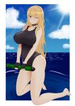  absurdres afloat azur_lane bangs bare_arms bare_legs bare_shoulders barefoot black_choker black_gloves blonde_hair blue_eyes blue_sky blush border breasts choker closed_mouth cloud collarbone covered_navel covered_nipples cross cross_choker day eyebrows_visible_through_hair from_side full_body gloves hairband headgear highres hips holding holding_torpedo large_breasts legs lens_flare light_rays light_smile long_hair looking_at_viewer north_carolina_(azur_lane) number ocean one-piece_swimsuit one_eye_closed outdoors parted_bangs ripples sky smile solo straight_hair sun sunbeam sunlight swimsuit taut_clothes torpedo user_ydxz4335 v_arms very_long_hair water white_border white_hairband 