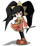  1girl aliasing ashley_(warioware) bangs big_hair black_hair black_legwear blush child closed_mouth dress eyebrows_visible_through_hair female flat_chest full_body hairband hand_on_hip highres holding holding_staff kan_(kam48360493) legs_together light_blush long_hair long_sleeves looking_at_viewer neckerchief nintendo pantyhose red_dress red_eyes red_footwear shoes simple_background skull solo staff standing tied_hair twintails warioware white_background yellow_hairband yellow_neckwear 