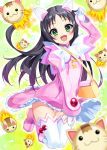  :3 :d absurdres bag black_hair blurry blush boots bucchake_(asami) depth_of_field dress eyebrows_visible_through_hair gloves green_eyes hazuki_kurumi highres kaitou_tenshi_twin_angel legs_up long_hair looking_at_viewer open_mouth outline paw_pose pink_dress pink_footwear sleeves_past_wrists smile solo thigh_gap thighhighs twin_angel very_long_hair white_gloves white_legwear white_outline 