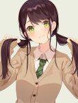  1girl :3 bangs black_hair blush brown_cardigan cardigan closed_mouth collared_shirt commentary_request diagonal-striped_neckwear diagonal_stripes eyebrows_visible_through_hair green_eyes green_necktie grey_background hands_up head_tilt highres holding holding_hair long_hair low_twintails minasenagi necktie original shirt simple_background sleeves_past_wrists smile solo striped twintails upper_body white_shirt 