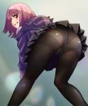  1girl ass bending_forward blush cameltoe come_hither from_behind grin looking_at_viewer looking_back ooshima_aki panties panties_under_pantyhose pantyhose pink_hair red_eyes school_uniform shinjou_akane shiny shiny_clothes shiny_hair short_hair skirt smile solo ssss.gridman thighband_pantyhose underwear upskirt 