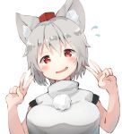  animal_ears blush commentary_request double_v eyebrows_visible_through_hair grey_hair hat inubashiri_momiji mamemochi open_mouth red_eyes short_hair simple_background solo tokin_hat touhou upper_body v wavy_mouth white_background wolf_ears 