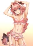  abs armpits arms_behind_head arms_up astolfo_(fate) bangs black_bow blush bow bow_panties bra braid bulge closed_mouth collarbone commentary crossdressing fang fang_out fate/apocrypha fate_(series) frills garter_belt garter_straps gradient gradient_background hair_between_eyes hair_bow hair_intakes highres hips lace long_braid long_hair looking_at_viewer male_focus mashu_003 multicolored_hair navel otoko_no_ko panties pink_bra pink_hair pink_panties purple_eyes signature single_braid smile solo streaked_hair thighs twitter_username underwear underwear_only very_long_hair 