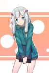  aqua_sweater blue_eyes bow contrapposto eromanga_sensei hair_bow highres holding holding_pen izumi_sagiri long_hair looking_at_viewer mo_(pixiv9929995) naked_sweater pen red_bow shiny shiny_hair silver_hair solo standing sweater 