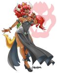  2018 5_fingers alternate_species animal_humanoid bowser bowsette_meme bracelet breasts clothed clothing collar crossgender dress fangs female footwear fully_clothed gabshiba hair horn humanoid humanoidized jewelry koopa mario_bros nintendo open_mouth red_hair scalie shoes simple_background solo spiked_anklet spiked_armlet spiked_bracelet spiked_collar spiked_shell spikes super_crown video_games white_background 