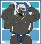  2016 amulet anthro azure_(bluedude) biceps clothed clothing eyewear facial_hair flexing glasses goatee hom.nom.nom jockstrap looking_at_viewer male mammal mephitid muscular muscular_male navel nipples simple_background skunk smile solo topless underwear white_background 