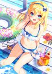  :d blonde_hair blue_eyes blush breasts bucchake_(asami) collarbone cross cross_necklace drink drinking_straw eyebrows_visible_through_hair flower frilled_swimsuit frills from_above hair_between_eyes innertube jewelry jewelry_removed long_hair looking_at_viewer navel necklace necklace_removed ootomo_sourin_(sengoku_otome) open_mouth sengoku_otome sitting small_breasts smile soaking_feet solo sparkle swimsuit water 