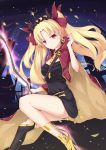 absurdres black_dress blonde_hair bow diadem dress earring_removed ereshkigal_(fate/grand_order) eyebrows_visible_through_hair fate/grand_order fate_(series) floating_hair hair_bow haori highres holding holding_sword holding_weapon japanese_clothes long_hair looking_at_viewer night poinia red_bow red_eyes short_dress solo sword very_long_hair weapon 