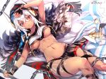  &gt;:( arm_up armpits azur_lane bangs black_gloves black_skirt blush breasts cape cghr7824 chain closed_mouth commentary_request crop_top crop_top_overhang crossed_bangs dark_skin dutch_angle facial_mark feet_out_of_frame fingerless_gloves flail fur-trimmed_cape fur_trim gloves hair_between_eyes hair_ornament hand_on_own_head holding holding_weapon long_hair medium_breasts miniskirt minneapolis_(azur_lane) native_american navel o-ring ponytail red_eyes revealing_clothes skirt solo stomach tattoo thigh_strap twitter_username underboob v-shaped_eyebrows weapon white_hair 