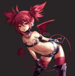  ahoge arm_belt bare_shoulders belt black_background black_footwear black_gloves boots collar commentary demon_tail disgaea earrings english_commentary etna eyebrows_visible_through_hair eyes_visible_through_hair flat_chest gloves hair_between_eyes jewelry leaning_forward looking_at_viewer makai_senki_disgaea navel open_mouth pointy_ears red_eyes red_hair red_legwear shorts simple_background skull_earrings solo stomach tail terupancake thigh_boots thighhighs twintails w wings 