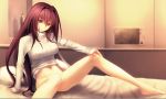  bed bottomless breasts convenient_leg covered_nipples fate/grand_order fate_(series) hair_intakes hand_on_own_knee kawanakajima large_breasts long_hair long_sleeves looking_at_viewer microwave pillow purple_hair red_eyes reflection scathach_(fate)_(all) scathach_(fate/grand_order) smile sweater turtleneck turtleneck_sweater vase wall 
