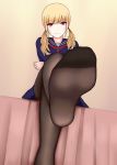  bangs black_legwear blonde_hair closed_mouth feet foot_worship foreshortening highres long_hair looking_at_viewer md5_mismatch moccharera original pantyhose pov_feet red_eyes red_neckwear school_uniform simple_background sitting smile soles solo twintails 