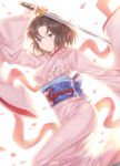  arm_up back_bow blue_bow bow brown_eyes brown_hair cherry_blossoms highres holding holding_sword holding_weapon japanese_clothes kara_no_kyoukai katana kimono looking_at_viewer obi pink_kimono ryougi_shiki sash short_hair smile solo sword ubi_(ekdus6080) weapon yukata 