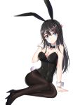  absurdres animal_ears black_footwear black_hair black_legwear black_leotard black_neckwear blue_eyes bow bowtie breasts bunny_ears bunny_girl bunny_tail bunnysuit cleavage covered_navel detached_collar full_body high_heels highres index_finger_raised large_breasts leotard long_hair looking_at_viewer maomao_zaici pantyhose sakurajima_mai seishun_buta_yarou simple_background sitting smile solo strapless strapless_leotard tail white_background wrist_cuffs yokozuwari 