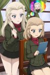  :d alternate_hairstyle blonde_hair blue_eyes blush breasts clara_(girls_und_panzer) fang girls_und_panzer heaven_condition inoshira katyusha large_breasts matching_hairstyle mirror multiple_girls open_mouth pravda_school_uniform short_hair skirt smile thought_bubble twitter_username window 