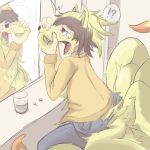  ! 2012 ? brown_eyes brown_hair canine clothing crying cup fox fur hair invalid_tag male mammal mirror ninetales nintendo pointy_ears pok&eacute;mon pok&eacute;mon_(species) snout solo tail_growth tears tongue tongue_out torn_clothing transformation video_games yellow_fur さみー 