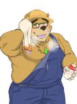  2018 anthro bear belly blush brown_fur clothing eyewear fur glasses hat humanoid_hands male mammal milk moobs morkovjpn nipples overalls overweight overweight_male simple_background solo straw_hat tokyo_afterschool_summoners towel volos white_background 