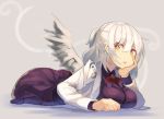  alternate_eye_color arm_support ass bangs bow bowtie breast_rest breasts chin_rest commentary_request dress eyebrows_visible_through_hair feathered_wings grey_background hair_between_eyes half_updo hand_up jacket kishin_sagume large_breasts long_sleeves looking_at_viewer lying on_stomach open_clothes open_jacket orange_eyes parted_lips purple_dress red_bow red_neckwear rin_falcon shadow short_hair silver_hair simple_background single_wing solo touhou white_jacket white_wings wings 