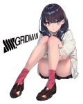  black_hair blue_eyes cardigan closed_mouth commentary_request copyright_name eyebrows_visible_through_hair highres legs loafers long_hair long_sleeves looking_at_viewer rolua shoes simple_background sitting socks solo ssss.gridman takarada_rikka white_background white_cardigan 