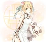 alternate_costume alternate_hairstyle blonde_hair breasts bun_cover china_dress chinese_clothes commentary_request double_bun dress gen_6_pokemon green_eyes hair_ribbon hand_up lillie_(pokemon) mouth_hold pancham pokemon pokemon_(creature) pokemon_(game) pokemon_sm ribbon short_hair simple_background small_breasts solo standing twitter_username yomogi_(black-elf) 