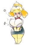  2018 animal_crossing big_breasts blonde_hair blush bra breasts button_(fastener) canine clipboard clothing dog dorian-bc floppy_ears fur hair huge_breasts isabelle_(animal_crossing) mammal nintendo shih_tzu solo surprise sweat teeth underwear video_games wardrobe_malfunction 